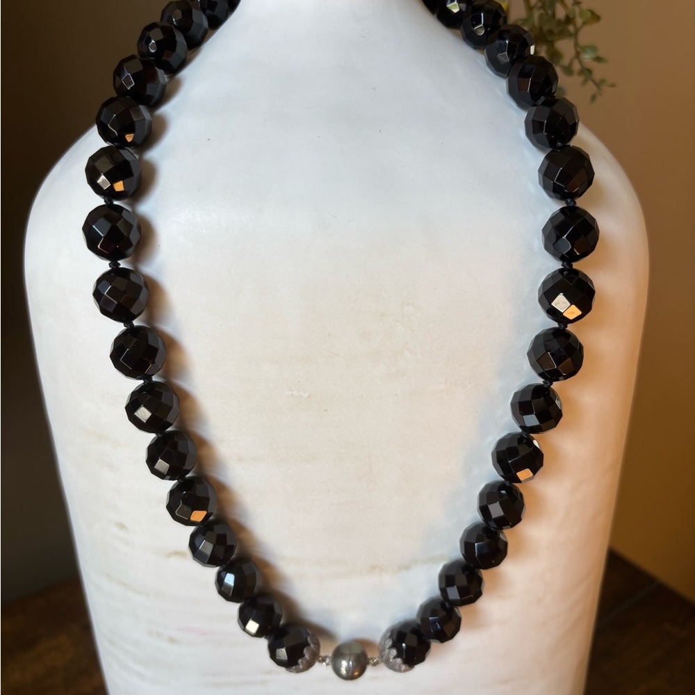 Bold Faceted Black Onyx Necklace Sterling Silver Clasp 23” Statement